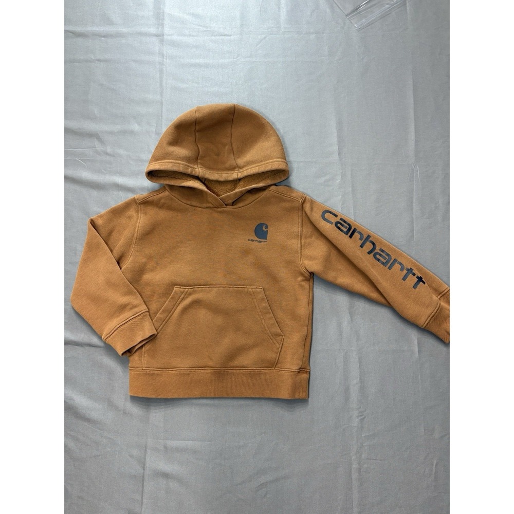 Youth Carhartt Hoodie Size 4 XS Brown Pullover Spellout Sleeve 13706 EUC